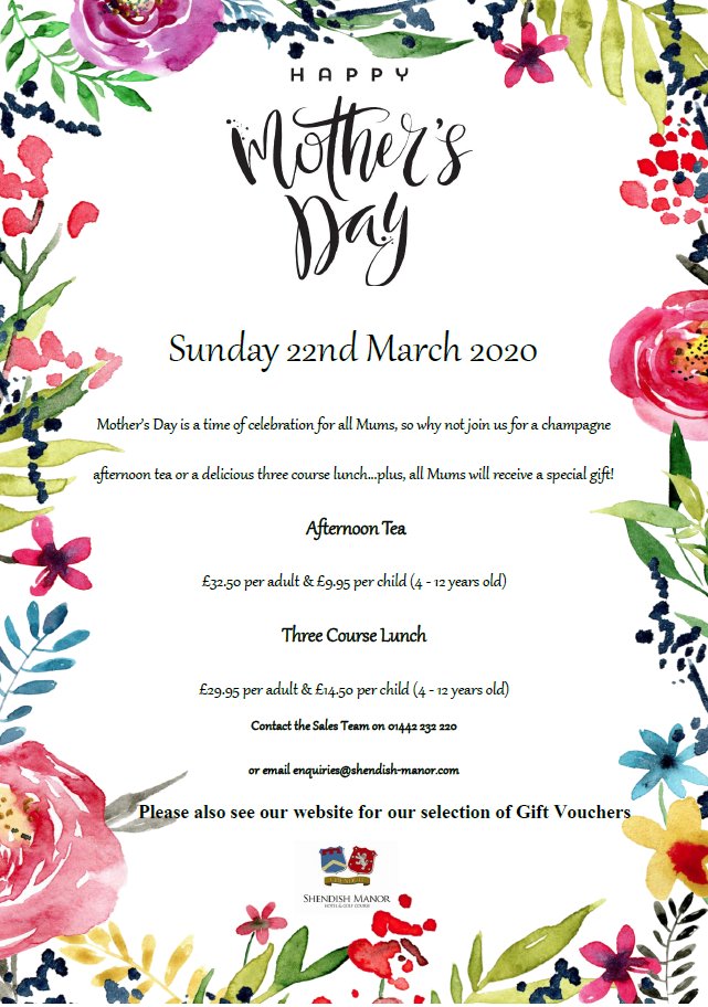 Mother’s Day - Sunday 22nd March

A time of celebration for all Mums, so why not join us for a Champagne Afternoon Tea or a Delicious Three Course Roast, we are also including a small present for all the Mothers bit.ly/39lF8f5