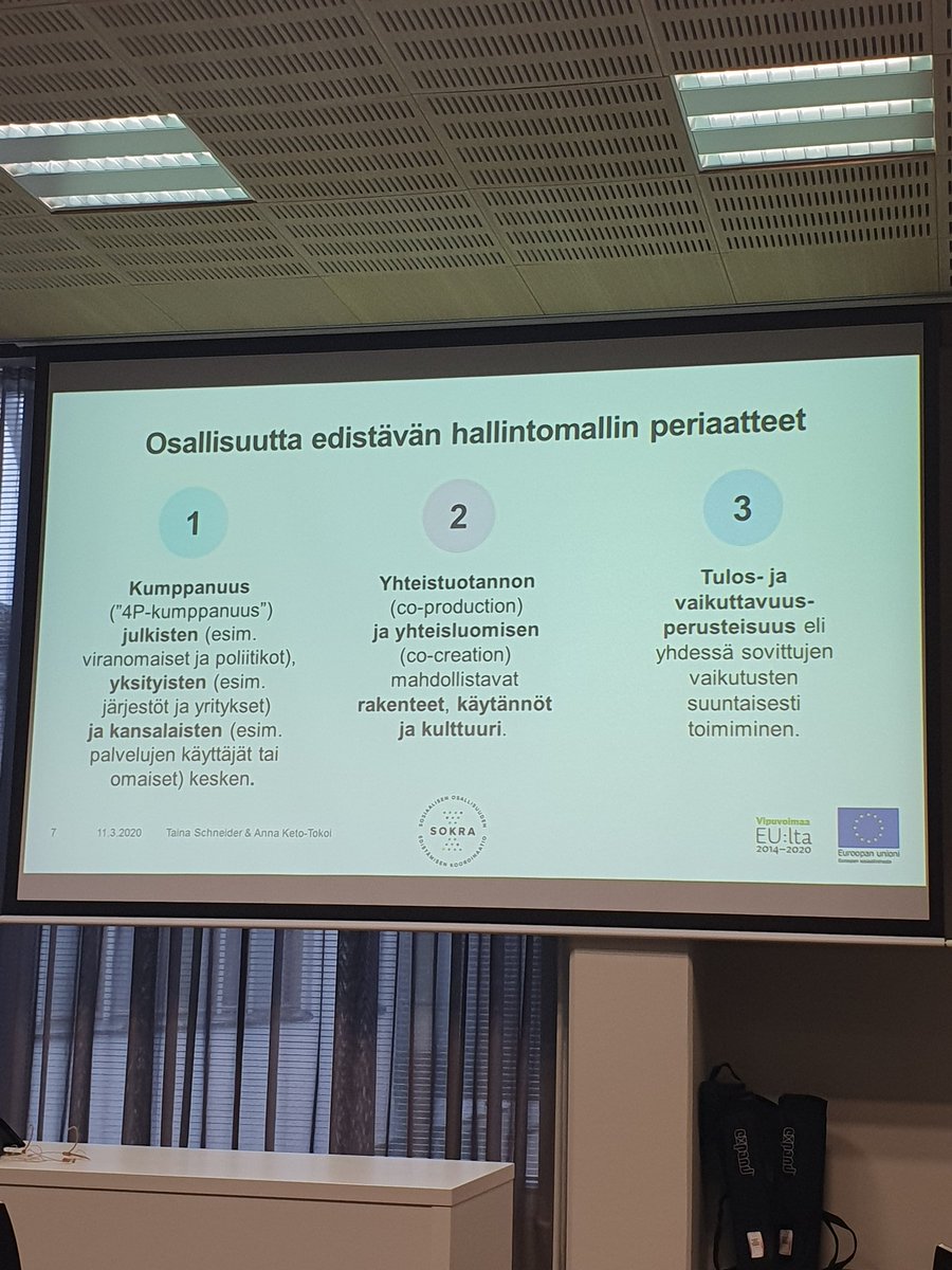 iidapar's tweet photo. Osallisuutta edistävä hallintomalli on yksi keino vahvistaa #osallisuus myös #ESR -hankkeiden suunnittelussa ja toteutuksessa.  @TainaKSchneider esitteli mallia @sokrahanke Osallistu ja osallista -seminaarissa. https://t.co/7PixtnjO66