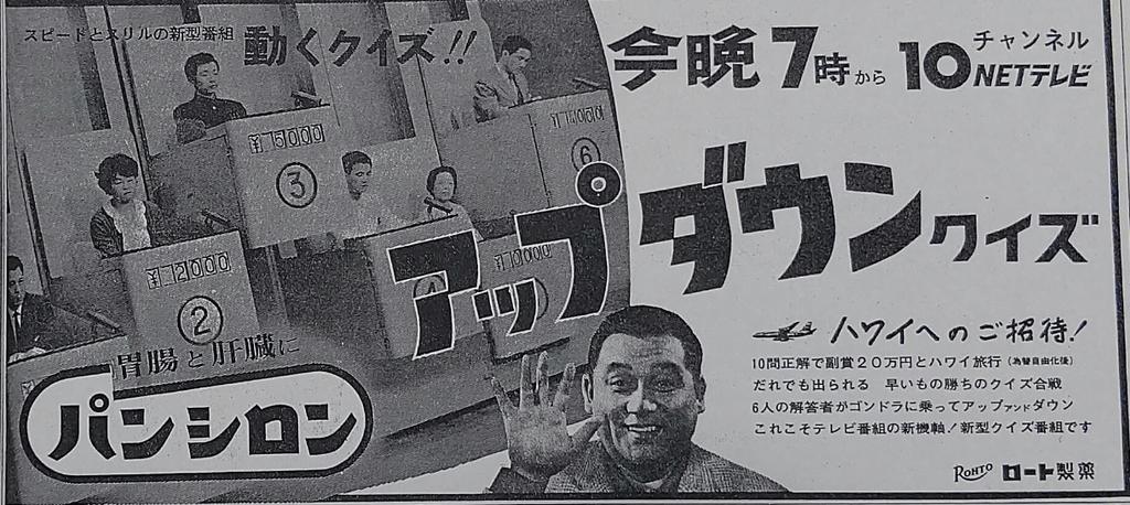 アップダウンクイズ 第1回当時の新聞広告(1963年10月6日)。 広告には