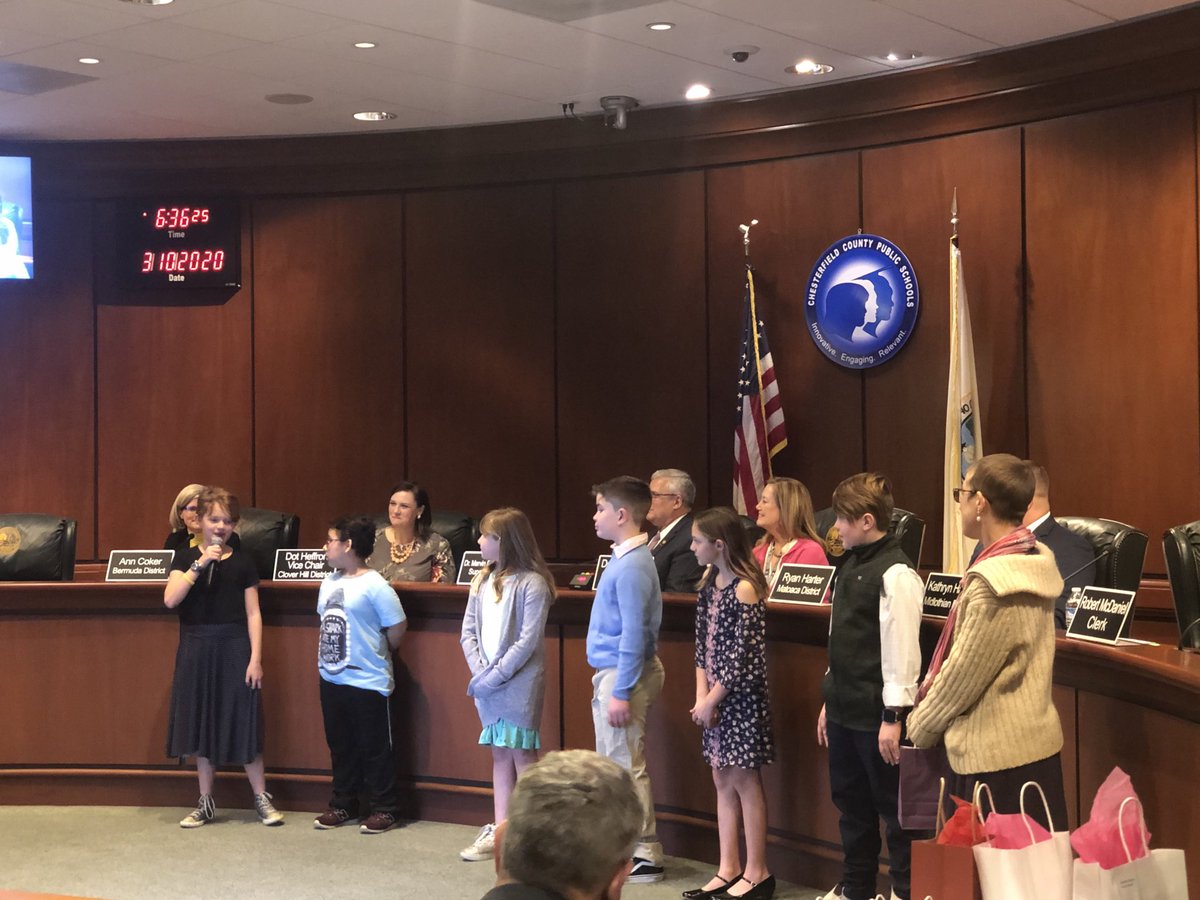 HeatherFGentry's tweet photo. So proud of our Bon Air student Lighthouse team members who led the pledge of allegiance at the school board meeting last night! #oneCCPS ⁦@KathrynHaines7⁩ ⁦@BAES_Eagles⁩ https://t.co/iGMklnPgua
