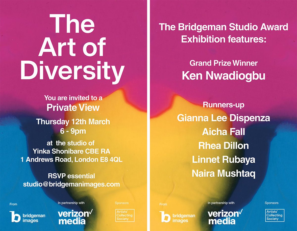 *TOMORROW NIGHT* Thurs 12th March 6-8pm 'The Art of Diversity' Exhibition features the winner Ken Nwadiogbu and runners-up Rhea Dillon, Linnet Rubaya, Naira Mushtaq, Gianna Lee Dispenza and Aicha Fall. #bridgemanstudioaward