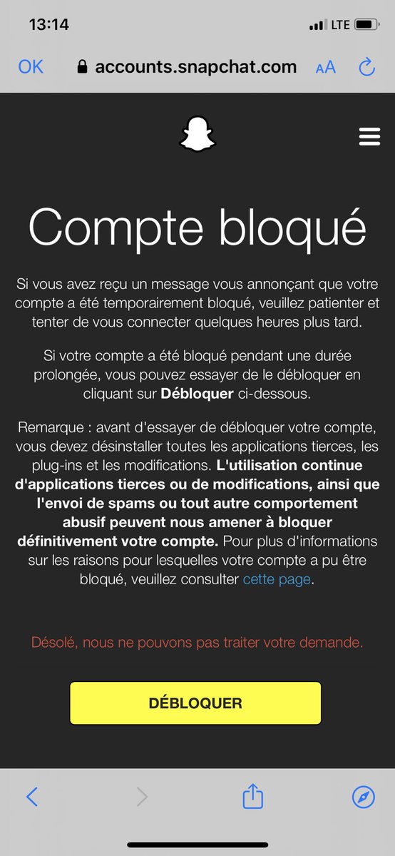 <a href="/Snapchat/">Snapchat</a> bonjour snapchat , c’est normal que à chaque fois que j’utilise un compte on me bloque alors que je n’utilise aucune application tiers , les numéros mails téléphones sont valides , je ne fais pas de spam , et on me hack mon premier compte 👻menpower75👻 et maintenant