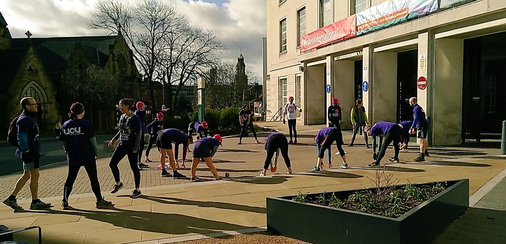 benplumpton's tweet photo. Today's @leedsucu #runningpicket is HUGE! Here they are warming up. 16 I think but they keep moving... https://t.co/ZW1XWE6vuk