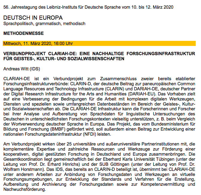 GKFI_eV's tweet photo. Heute Nachmittag wird Andreas Witt (@IDS_Mannheim) auf der #Methodenmesse der #IDSJT2020 das Verbundprojekt #CLARIAHde vorstellen. Kommt vorbei - wir freuen uns auf Gespräche und Rückfragen.
👉 https://t.co/oOXVVSD2FT https://t.co/gTQXlG6BE9