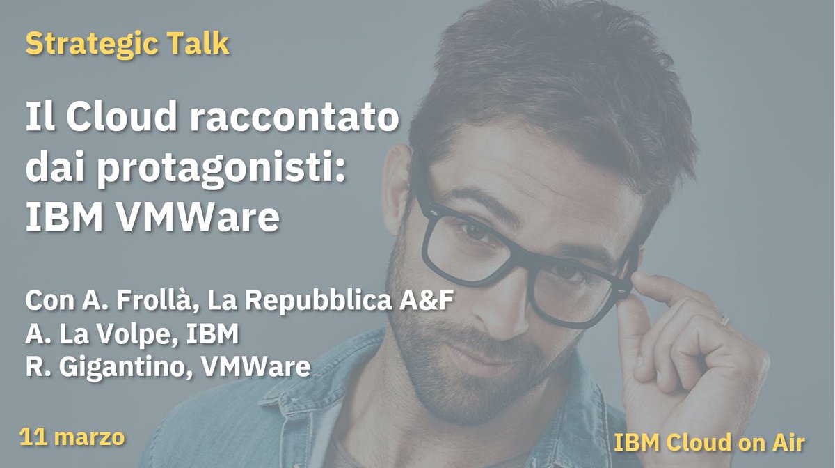 #IBMCloudonAir - TRA POCO
Il Cloud raccontato dai protagonisti con <a href="/raffaelg/">Raffaele Gigantino</a> Country Manager di <a href="/VMware_IT/">VMware_IT</a> 

Collegati subito allo streaming: ibmcloudonair.it/cloudonair/vie…

#startIBMCloud