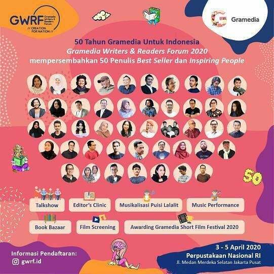 Gramedia Writers &amp; Readers Forum kembali lagi. Dengan tema "Creation for Nation", di tahun 2020 ini, seraya merayakan 50 tahun berdirinya Gramedia, GWRF akan memberikan kamu pengalaman seru untuk bertemu lebih dari 50 penulis-penulis dan inspiring people… ift.tt/3cMQ2N2