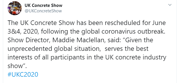 concrete_sales's tweet photo. The UK Concrete Show has now been rescheduled for June 3rd & 4th due to the global coronavirus outbreak.
We look forward to seeing you in June!
@UKConcreteShow #UKC2020 #UKCS2020 #concrete https://t.co/8VVsRokPD3