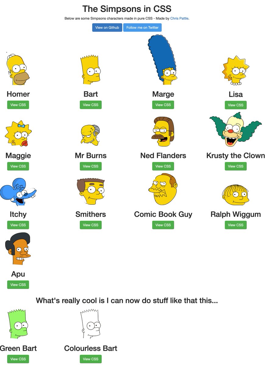 辛普森一家的插画 CSS 代码，可能没什么用，但挺逗的哈哈哈。链接：pattle.github.io/simpsons-in-cs…