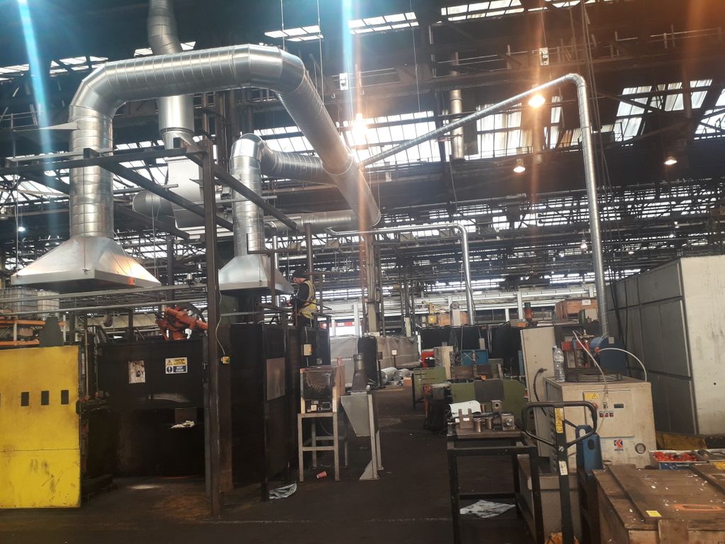 ImpactTS's tweet photo. An engineering company contacted Impact needing help to control welding fumes. Our engineers installed GT extraction wall to provide extraction for the Jig, the second part of the installation involved installing two extraction canopies above the robotic welding cell. https://t.co/keZkTMKsow