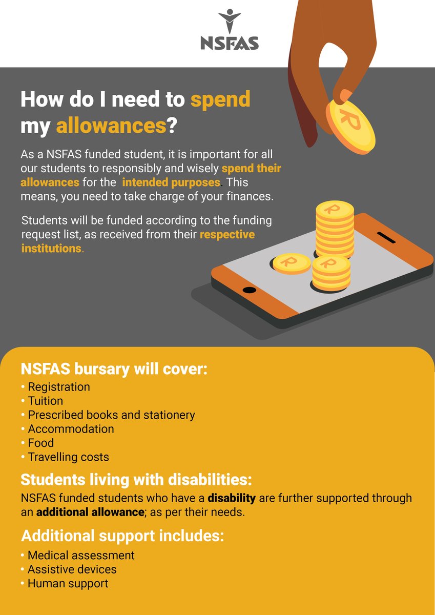 myNSFAS's tweet photo. As a NSFAS funded student, it is important for all our students to responsibly and wisely spend their allowances for the intended purposes. https://t.co/TkmFyFfkcF
