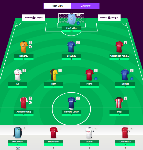 fanadviser's tweet photo. The Review Montafly's #FPL Squad for #GW29

GW (Average) Pts: 7⃣7⃣ (51)
Overall Rank: 312k 🔼 216k

Best player: Barnes (19 pts) 👍
Worst players: TAA, Sarr, DCL, Ings (2 pts) 👎
© Auba: 6 pts 🤷‍♂️

My team was doing well this time but my transfers &amp; COVID factor were so painful... https://t.co/T4VTkoCgS5
