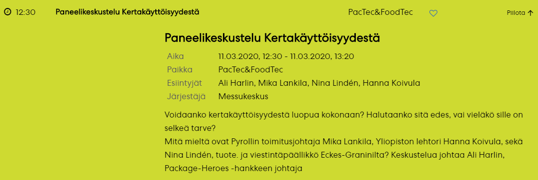 PacTecFi's tweet photo. Mikä on kertakäyttöisten tuotteiden rooli tämän päivän maailmassa? Paneelikeskustelu pohtii kertakäyttöisiä tuotteita PacTec & FoodTec -lavalla klo 12.30. @pyrollpackaging @hanna_koivula @AliHarlin1 https://t.co/maSxChf4Zt
