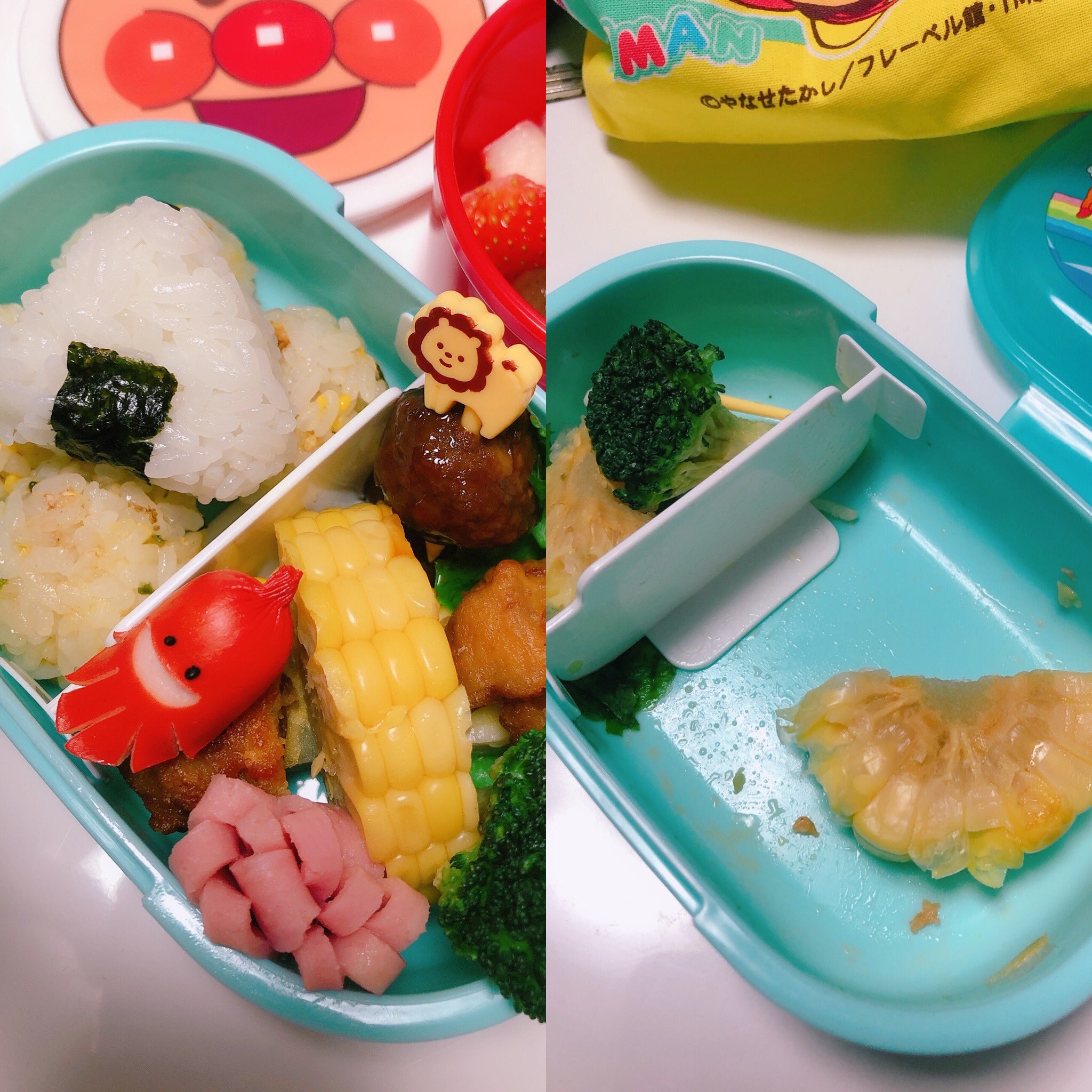 ゆんゆん 初めてのお弁当で 量が分からなくて 残してくるだろ なぁ って 思ってたけど ほとんど食べてくれてた 嬉しくて嬉しくて お弁当箱開けた瞬間 抱きしめたよね 食べてくれてありがとう お弁当 3歳弁当 保育園