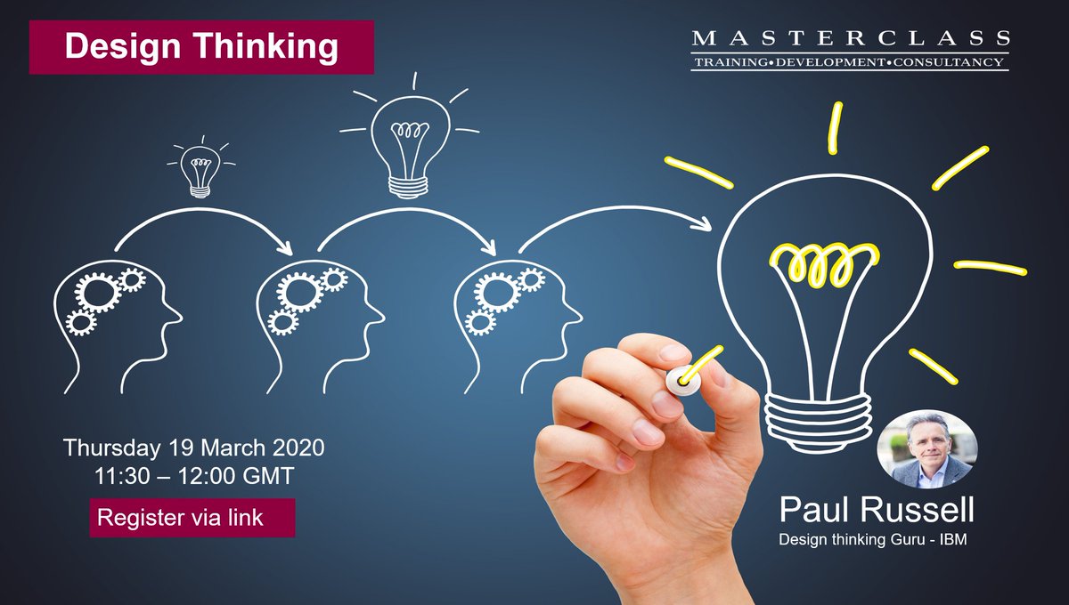 Masterclass_T's tweet photo. Join @MasterClass_TRC on Thursday 19 March for the 'Design Thinking' Webinar.
This #Masterclassmini will help when developing your design thinking mindset which will benefit your everyday leadership and communications planning.
https://t.co/qIleeFjZ1u https://t.co/SwoxoEDxan