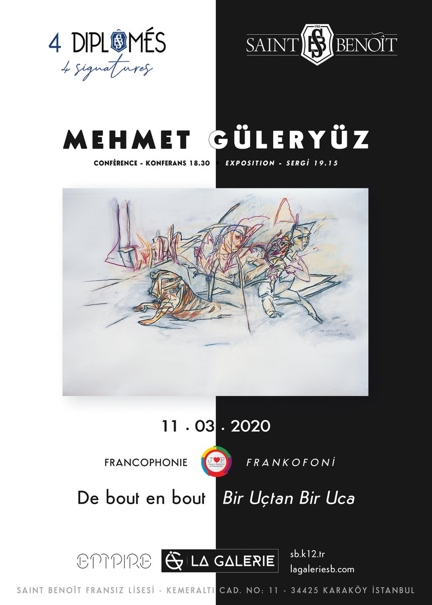 Mehmet Güleryüz 
Bir Uçtan Bir Uca / De Bout En Bout
Açılış / Opening: Today, Bugün 
18:30 - 20:30
Saint Benoit Lisesi Karaköy 

11 Mar 2020 – 10 Apr 2020