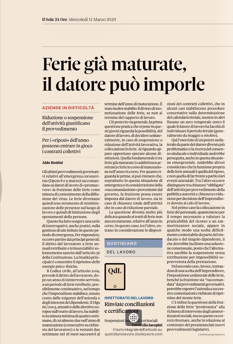 bottaldo's tweet photo. Come utilizzare lo strumento delle #ferie nell’emergenza #coronavirus? Qualche spunto di riflessione sul ⁦@sole24ore⁩ di oggi https://t.co/ekAYGuxWKf