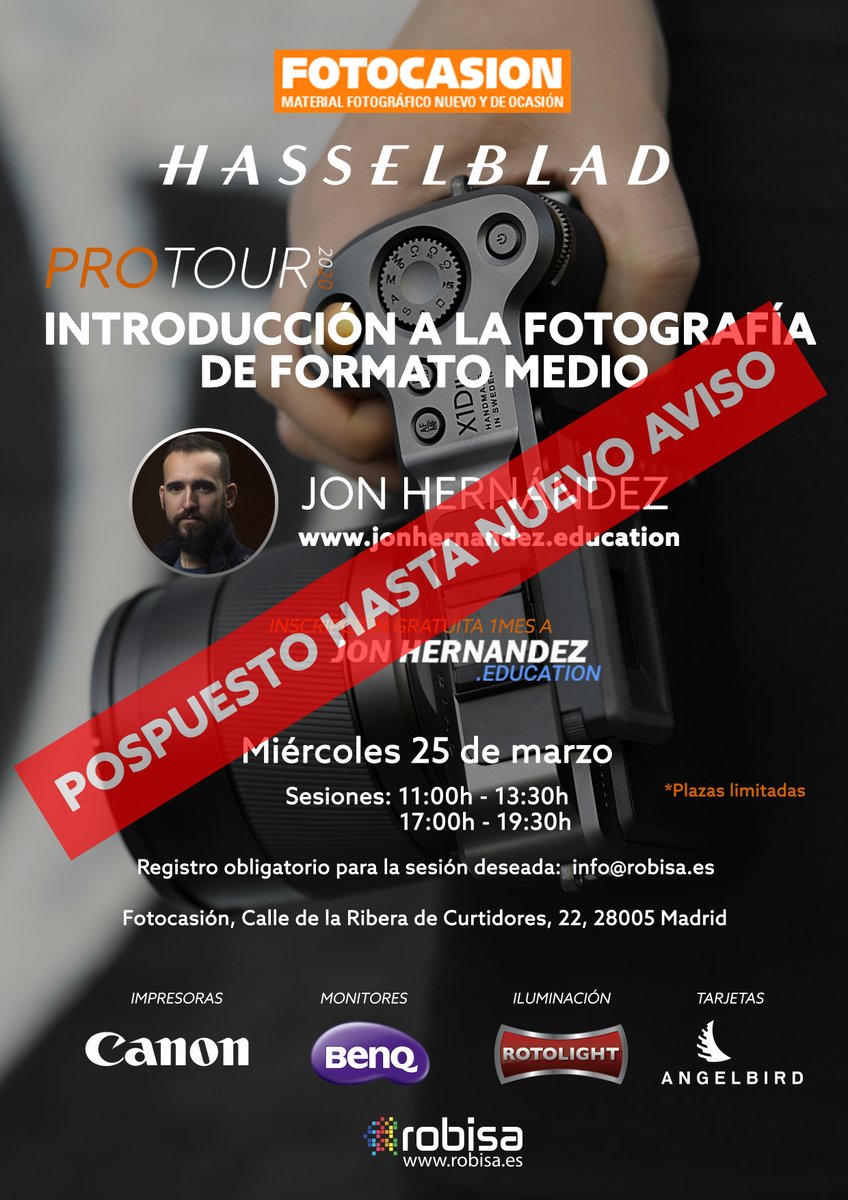 Os comunicamos que el evento del miércoles día 25 de marzo en <a href="/Fotocasion/">FOTOCASION.ES</a>  con <a href="/Hasselblad/">Hasselblad</a> y @thekubestudio se pospone hasta nuevo aviso. Os mantendremos informados.
#Robisa
