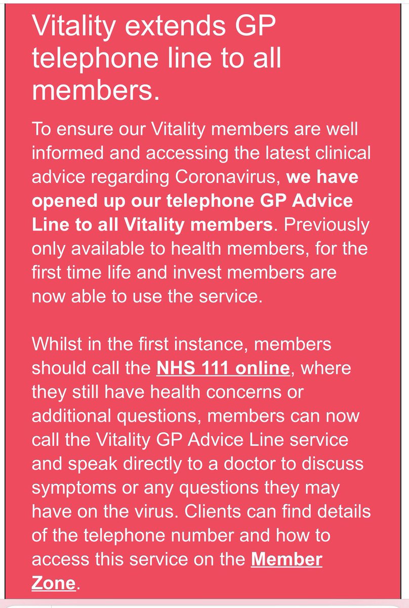 FidentiHealth's tweet photo. To all our Vitality members. In case you missed the email from Vitality re Coronavirus; they are offering their GP Advice Line Service to both Health AND Life members, even if you don’t have a Health policy in place. Visit your member zone for more details. https://t.co/ZImdqiDjLY