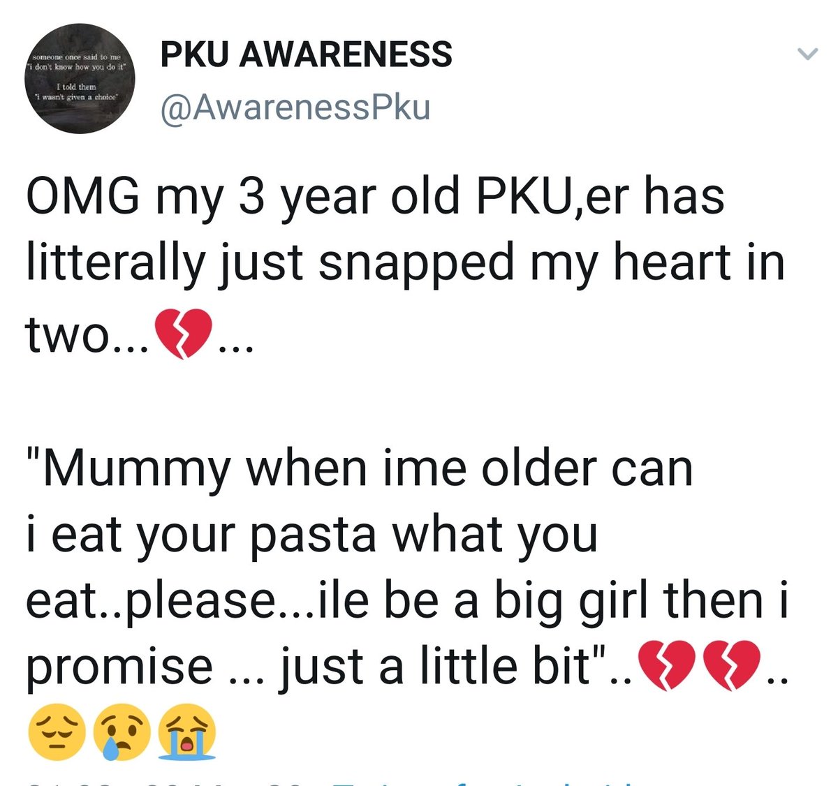 AwarenessPku's tweet photo. My child don't want designer clothes, flash holidays or expensive toys she has them and they dont cure her hunger or the feeling of being left out or different because she can't eat what we eat. she wants to eat a decent meal thats bigger than her baby sisters #noprotein #pku https://t.co/TQ2Td70P5i