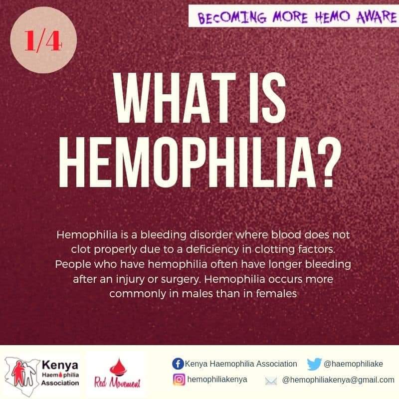 RedMovementKEN's tweet photo. Hemophilia is a bleeding disorder where blood does not clot properly due to a deficiency in clotting factors. People who have hemophilia often have longer bleeding after an injury or surgery. Hemophilia occurs more commonly in males than females.
#GetInvolved
@soul2soulK https://t.co/MZbxHK9kv8
