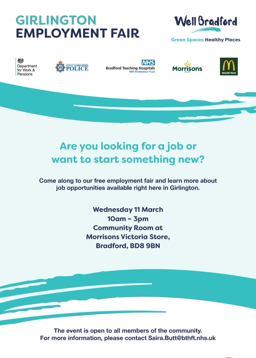 Our Girlington Employment Fair is in full swing! Theres still time to pop in and see us alongside our partners <a href="/BTHFT/">Bradford Teaching Hospitals NHS FT</a> <a href="/WestYorksPolice/">West Yorkshire Police</a> <a href="/Morrisons/">Morrisons</a> <a href="/McDonaldsUK/">McDonald's UK</a> <a href="/DWP/">DWP</a>