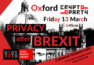Join us on Friday to hear a how to protect your privacy in the digital space at CryptoParty Oxford. With help from <a href="/OpenRightsGroup/">Open Rights Group</a> <a href="/BigBrotherWatch/">Big Brother Watch</a>
Full event details at: cryptoparty.in/oxford