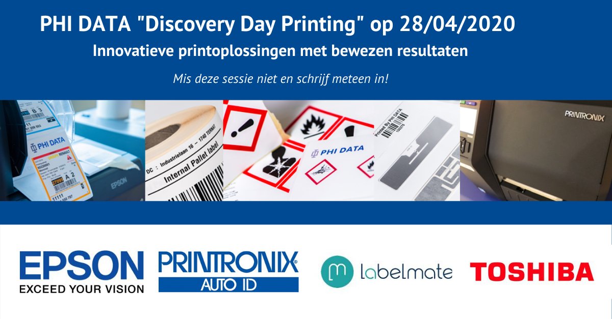 PHIDATA's tweet photo. Kom naar onze Discovery Day Printing op 28 april 2020 in ons @PHIDATA Experience Centre en ontdek hoe innovatieve printeroplossingen ook voor uw business een groot verschil kunnen maken. Ism. @Printronix, @Epson, @toshiba en Labelmate. https://t.co/IFITYr3xEk #PRINTING #labels https://t.co/GoRiLrxBg3