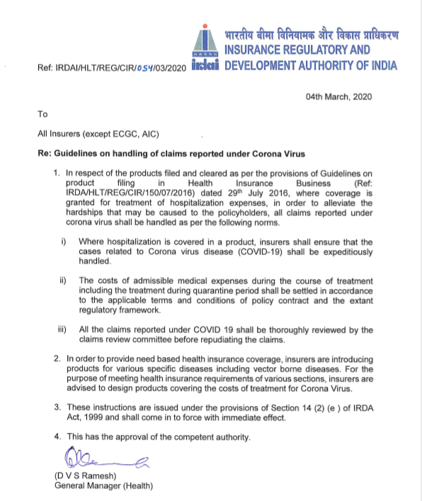 ndmaindia's tweet photo. Those having medical insurance policy in India, covering hospitalization, may note that IRDA has instructed the insurance companies to include the medical cover for COVID 19 irrespective of the type of policy.

@MoHFW_INDIA @HRDMinistry 

#CaronavirusIndia #COVID19india https://t.co/gM4qu4UU9u