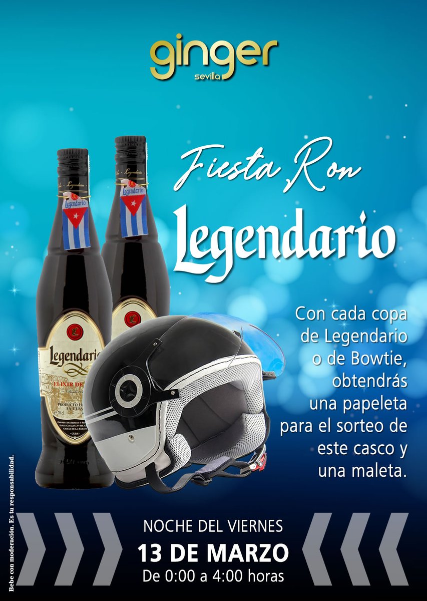 Este viernes noche FIESTON LEGENDARIO en #GingerSevilla 

Por cada copa de Legendario o Bowtie, entrarás en el sorteo de un casco y una maleta. 

Que viva el Ron!!! 

#SevillaEste #Sevillahoy #fiesta #legendario #Bowtie