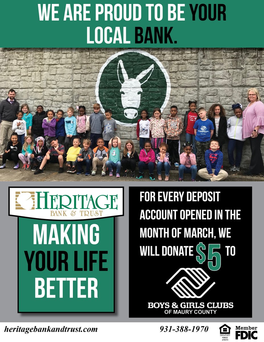 We are proud to partner with the Boys and Girls Clubs of Maury County this month! Don't forget to open an account online with us at heritagebankandtrust.com or visit our convenient branches in Mount Pleasant, Columbia or Lawrenceburg. We love supporting our local communities.