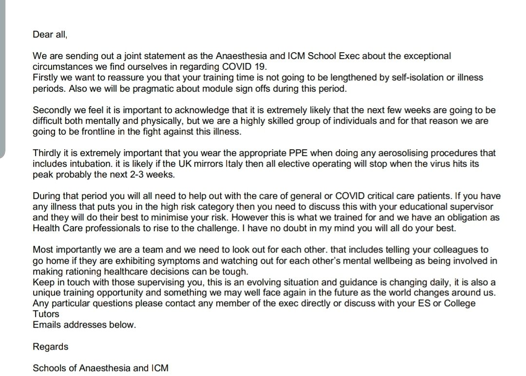 THIS 👇 is what trainees need to see &amp; hear in light of #COVID2019uk! This is from one school of anaesthesia/ICM recognising the potential impact trusts, educators &amp; trainees may face! Any other schools sending something similar to their trainees??? #coronavirusuk #COVID19