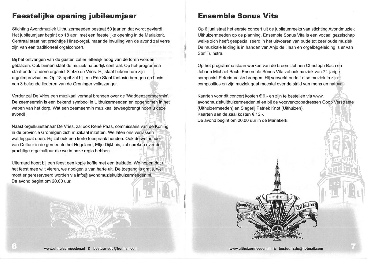 Mooie promotie van onze eerste concerten in de Meijster nieuwsbrief van Dorpsbelangen Uithuizermeeden!