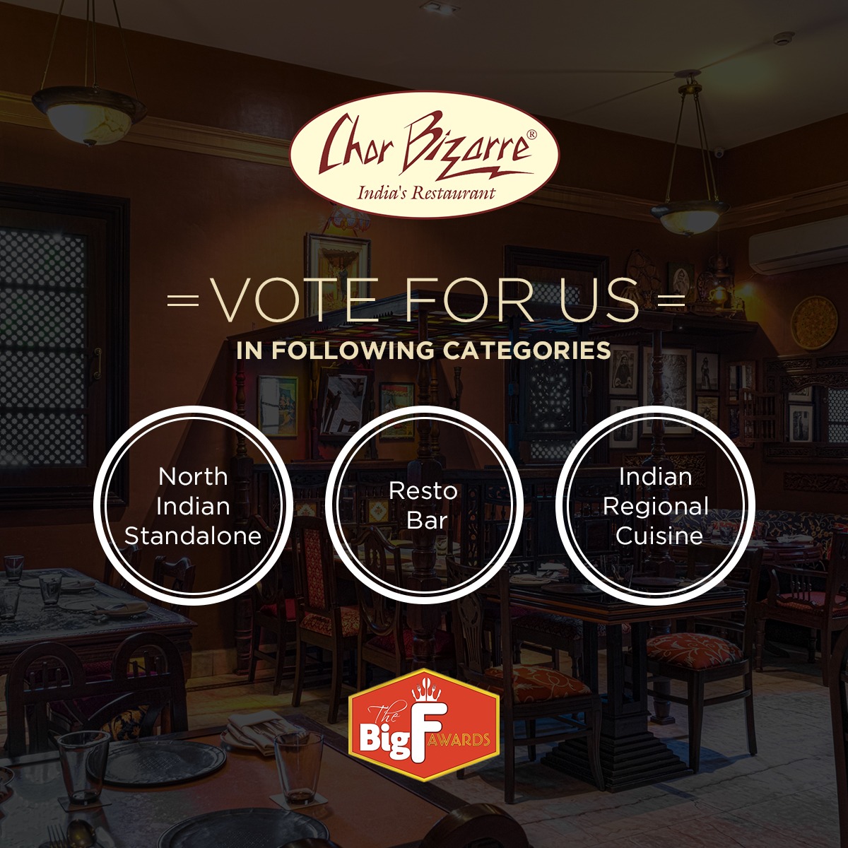 chor_bizarre's tweet photo. Happy to let our diners know that Chor Bizarre has been nominated for the Big F Awards 2020. Do support us and vote for us in the following categories-
-North Indian Standalone
- Resto Bar
- Indian Regional Cuisine

Submit your votes at https://t.co/opirtjjqH4 https://t.co/D18gIiaVi3