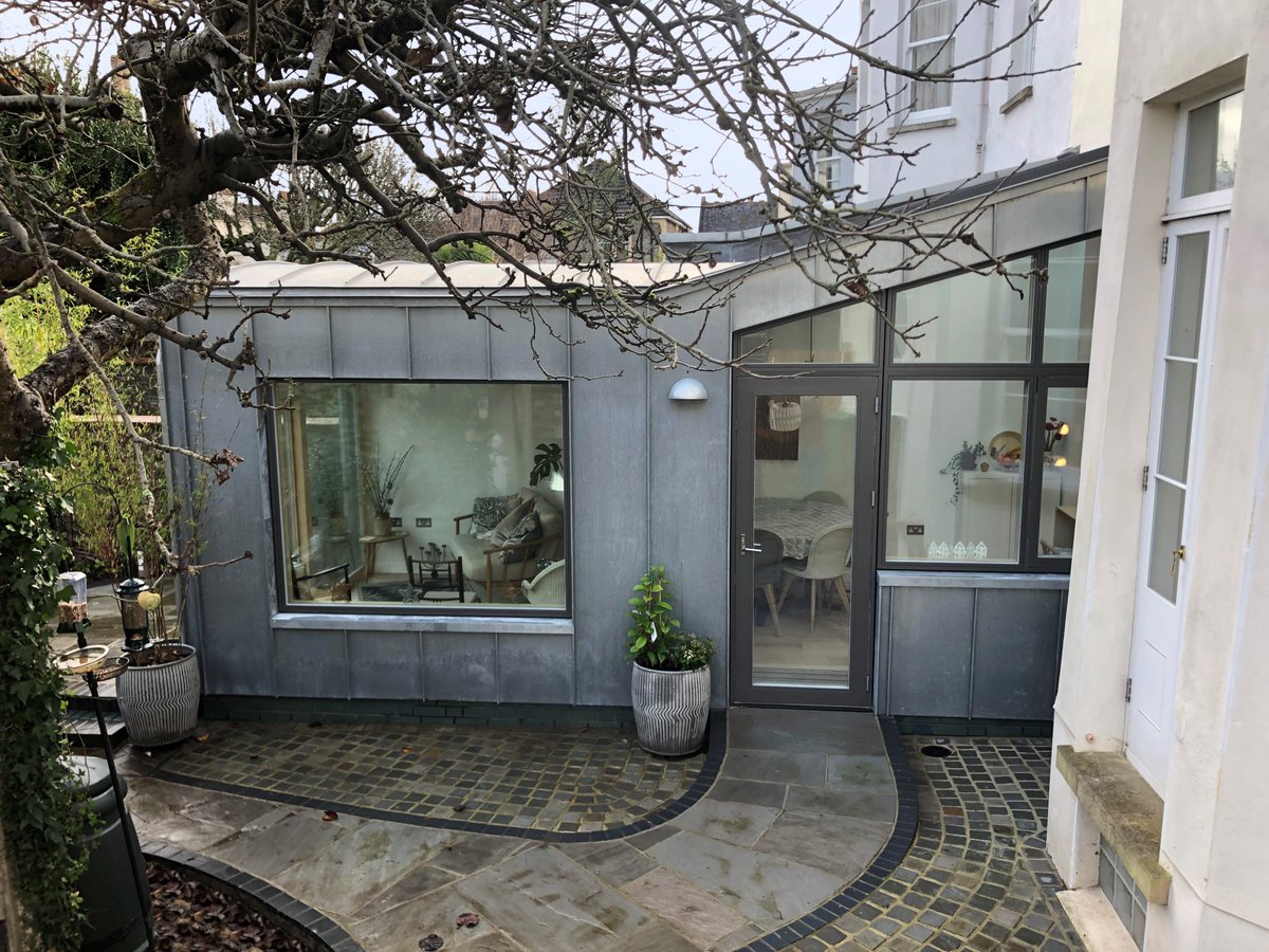 ascentarch's tweet photo. Recently completed domestic garden room extension in Redland, Bristol. Highly insulated timber-frame, clad in standing seam zinc with glazed brick base plinth and triple glazing. #architect #Bristol https://t.co/BX0qjA9RTb