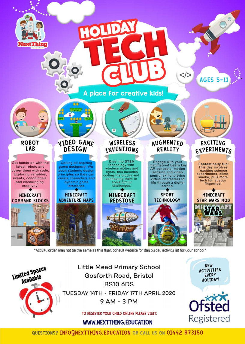 For a full list of activities and more information please see flyer attached. Spaces are limited and work on a first come first serve basis. Ran by Next thing education.
To check availability or to enrol simply visit: nextthing.education…/little-mead-primary-academy-…/