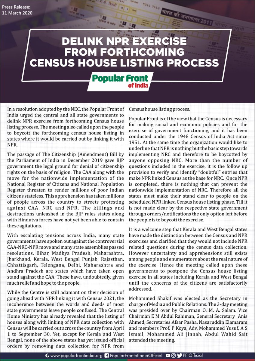 PFIOfficial's tweet photo. #PressRelease
New Delhi
11 March 2020

Muslims are being targetted to cover up Sangh Parivar and Police role in Delhi pogrom: Popular Front of India

Delink NPR exercise from forthcoming Census house listing process
#DelhiRiots #NPR https://t.co/qX25GkuI8w