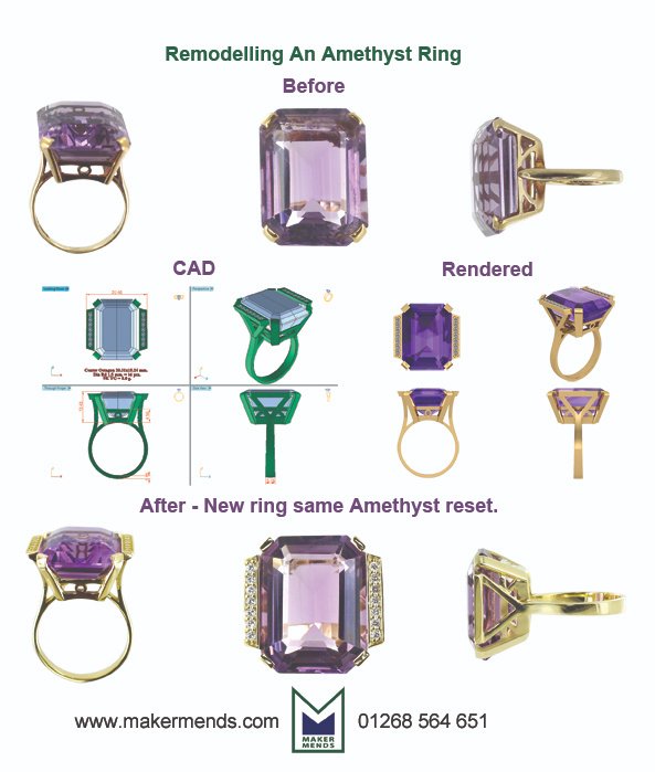 MakerMendsLTD's tweet photo. Using the original ring &amp; supplied drawings we produced a CAD to the new design. The CAD was approved we produced the remodelled ring, resetting the original amethyst.
Have an item you want revamped? send images to our 
WhatsApp service 07534 659247 #remodel #CAD #Redesign https://t.co/KikeKjvdfm