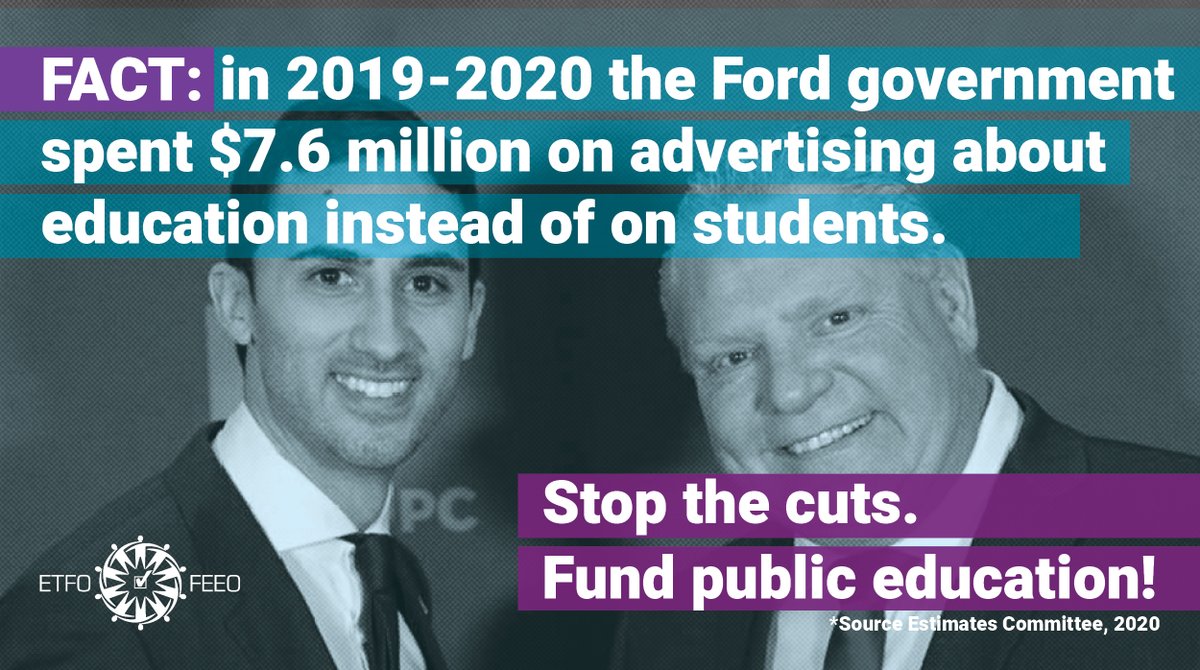 ETFOeducators's tweet photo. The Minister of Education has been touting the line that the Ford government has a positive plan for education. But shouldn't our tax dollars be used for public schools and not for advertising? 

It's time to directly invest and stop the cuts to #onted! #onpoli https://t.co/dCg4lk4z54