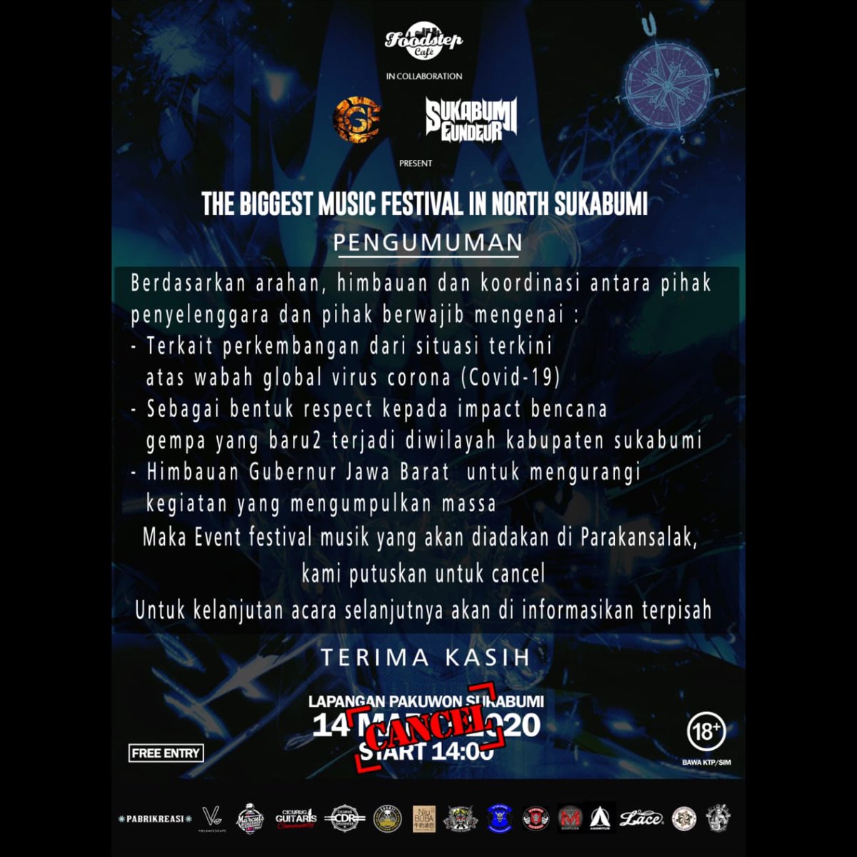 REVENGETHEFATE's tweet photo. PENGUMUMAN dan informasi resmi dari pihak penyelenggara terkait event Sabtu 14 Maret 2020 di Sukabumi. Semoga semua nya cepat kembali normal. Jaga selalu kesehatan #rtfcolony ! Sampai jumpa di moshpit berikutnya! https://t.co/3mb53KpQAM