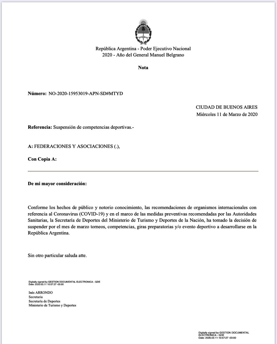 Suspendida toda actividad deportiva durante el mes de Marzo toda competencia deportiva en la Republica Argentina. Abajo el comunicado firmado por la secretaria de deportes de la Nación, Inés Arrondo. #Coronavirus #COVID19 #Deportes #competencias