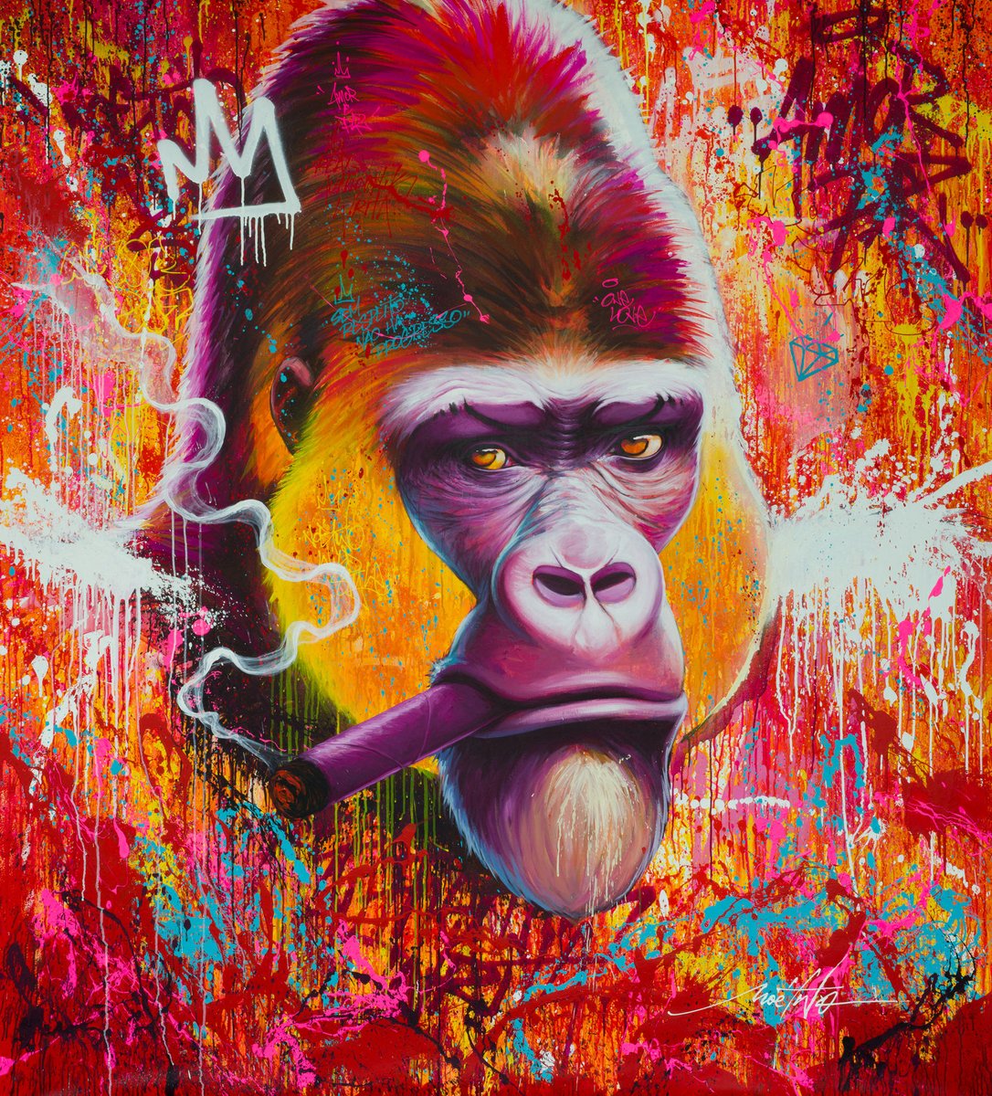 GaleriesBartoux's tweet photo. By his #artworks, @NoeTwo_ART wants to get #Humans and #animals closer. His famous yaounde gorilla himself is personified, humanized. He’s observing the world, calm, a cigar on its lips, like the #artist who painted him. 
📍artwork available in the #galeriesbartoux of Miami https://t.co/XhRenGPHwA