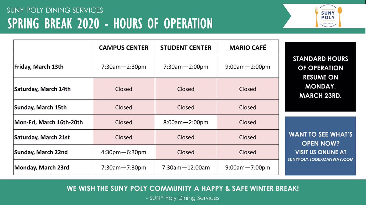 Here are our Spring Break Hours of Operation. #polydining #sunypoly