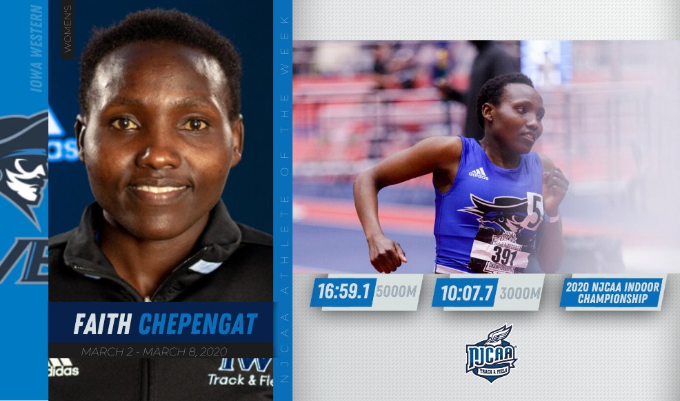 NJCAAXCTF's tweet photo. Faith Chepengat led the Reivers capturing 20 individual points! 

The runner clinched national titles in the 3000 and 5000-meter run, landing this week's #NJCAATF Athlete of the Week. 

#NJCAAPOTW https://t.co/4v0w8TisLe