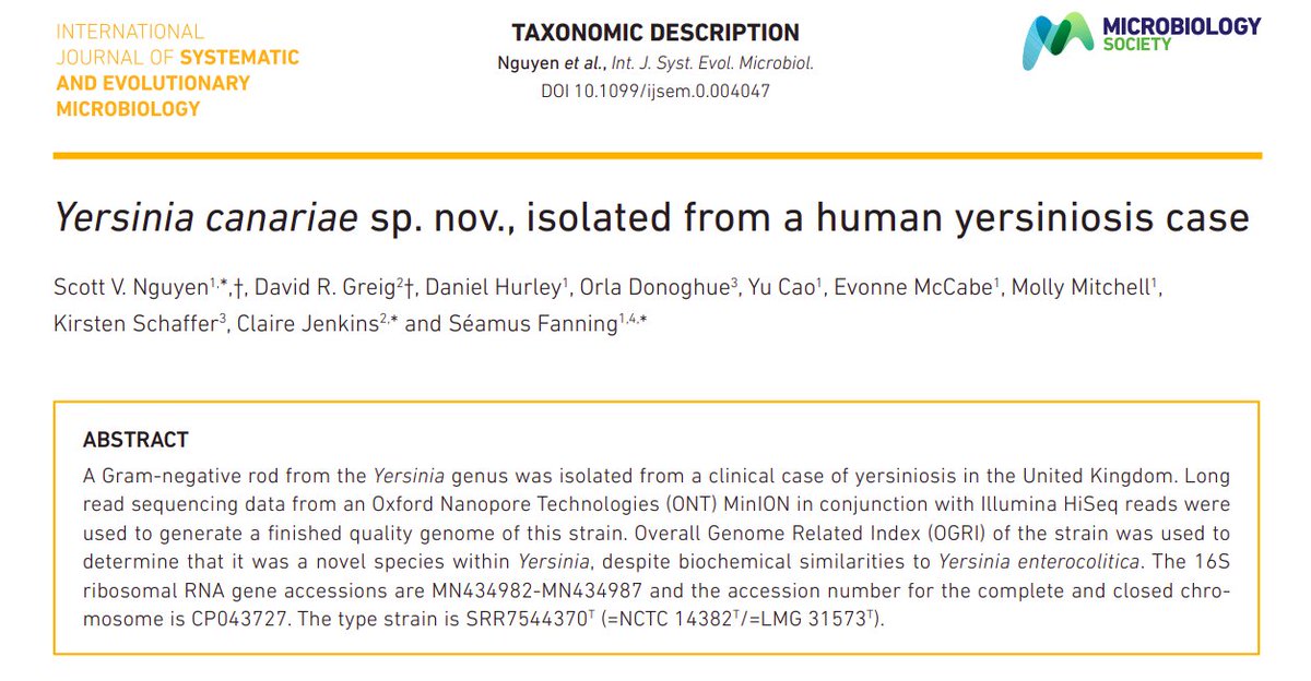 DrSnOU's tweet photo. A meeting with @gingerdavid92 at #Microbio19 @MicrobioSoc led to a great international collaboration to describe a new species of #Yersinia. Utilised @nanopore and @illumina technologies. @NCTC_3000 NCTC 14382 / @BccmCollections LMG 31573 #NewSpecies https://t.co/pgC4cIr7vs https://t.co/RmQ1bFYqq6