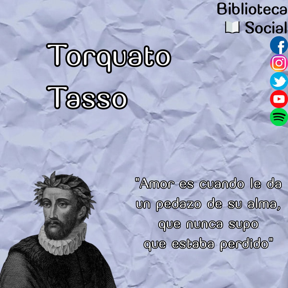 Bibl_Social_BS's tweet photo. #Efemérides
El poeta italiano Torquato Tasso nació el 11 de marzo de 1544 en Sorrento, Nápoles.
#BibliotecaSocial #BS
#TorquatoTasso #Torquato #Tasso #Marzo #Literatura #Escritor #Escritora #Poeta #Libros #Libro #Book #Books #Lectores #Leer #Frase #Frases https://t.co/6Hvsr4tj9a