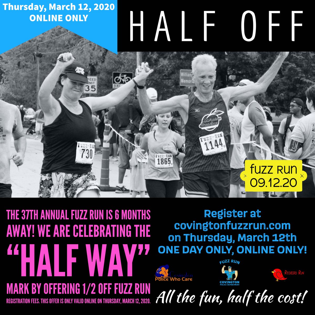 cpdfuzzrun's tweet photo. March 12, 2020 marks the "half way" mark to the Fuzz Run. We're only six months away from our favorite race. Celebrate with us tomorrow by signing up and receiving half-off your entry fee, for one day only. (Online only) https://t.co/OW1s3Q7DnR https://t.co/GSLGONsW7a