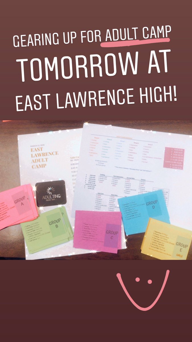 MrsGodseyRMS's tweet photo. Gearing up for Adult Camp tomorrow at East Lawrence High School! Excited for these seniors to learn adulting skills 😜 @LCSMoves #adultcamp #seniors #careercoach #ilovemyjob #elhs https://t.co/sSM8ZKa8k0