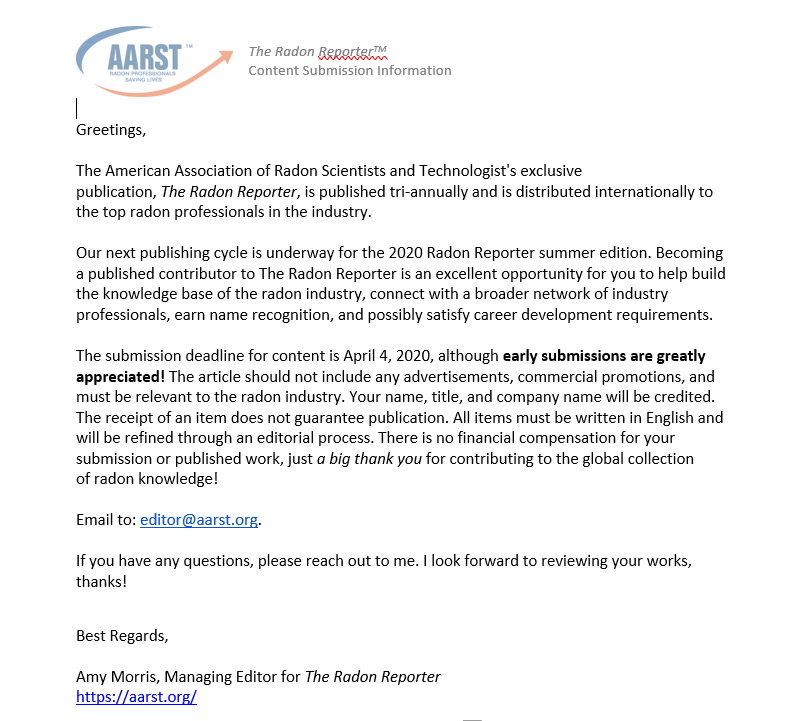 #CallForContent Deadline APR 4th! Becoming a published contributor to #AARST #TheRadonReporter is an excellent opportunity for you to help build the knowledge base of the ☢️#radon industry, connect with a broader network of industry professionals, earn name recog... #StopRadon