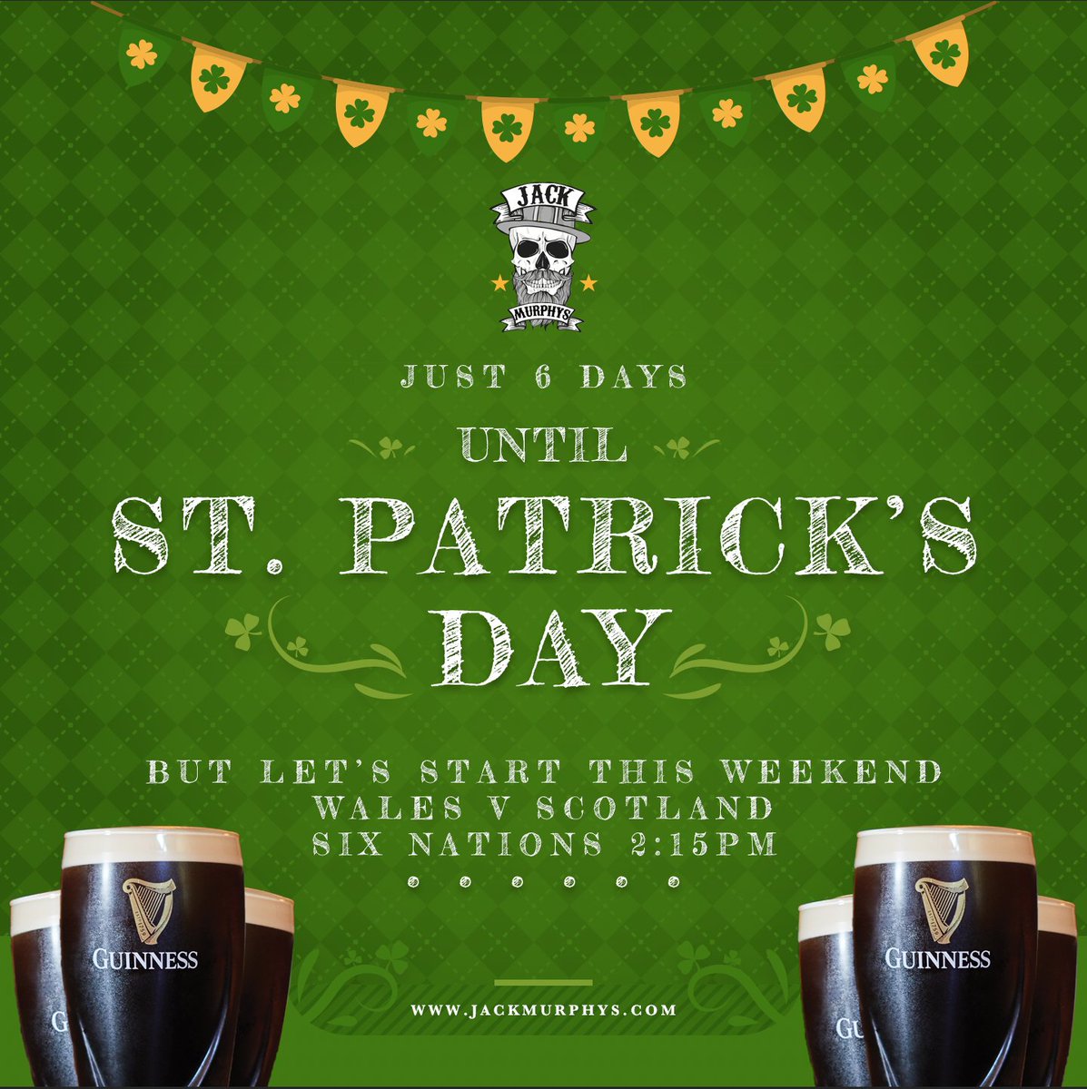 JackMurphys2's tweet photo. We're just 6 days away from St Patrick's Day.  We're starting early though and with the final Six Nations game this Saturday, there's no better excuse!!! #JackMurphys https://t.co/z2rDa0BMZz