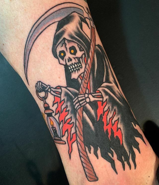 idlehandsf's tweet image. “It’s later than you think” reaper made @idlehandsf #idlehandsf #rosskjones #grimreapertattoo